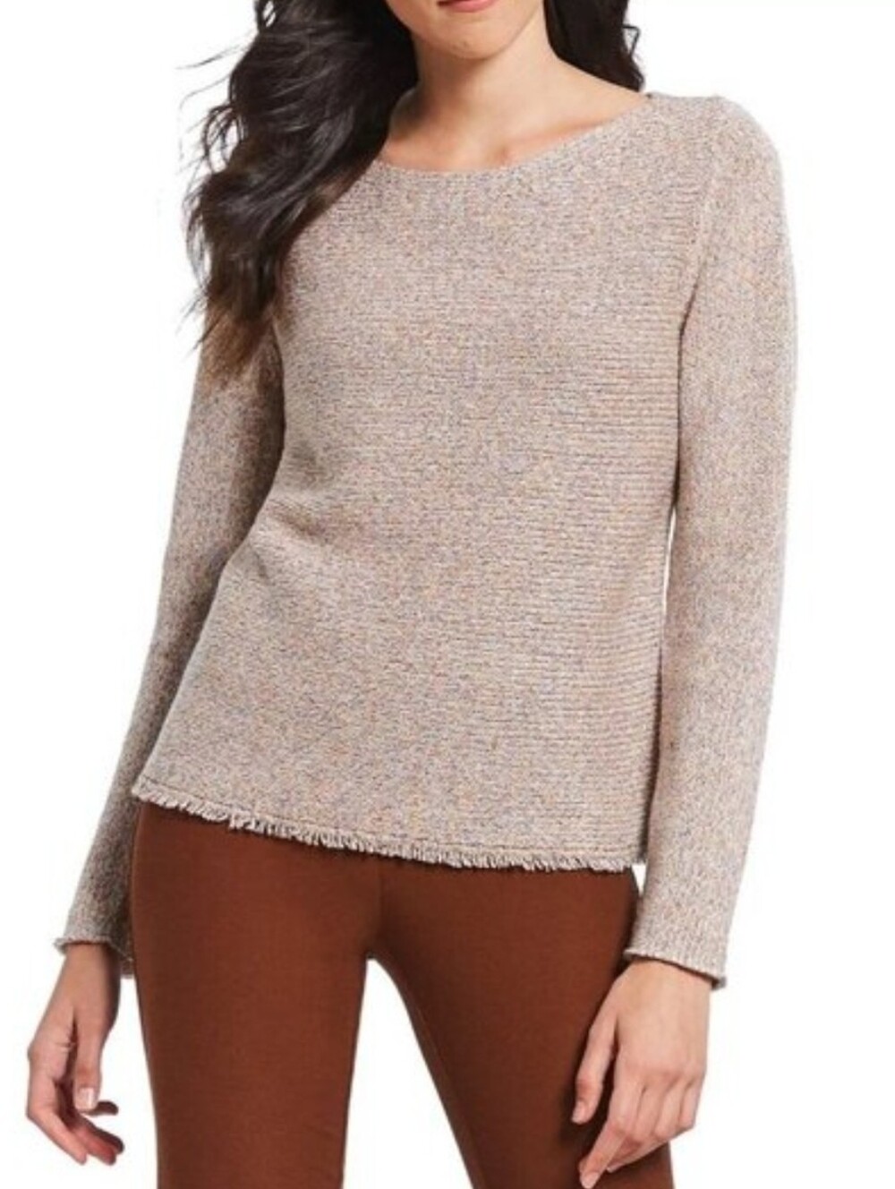 Eileen Fisher Fringe Hem Wool Cotton Sweater Almond Size XL